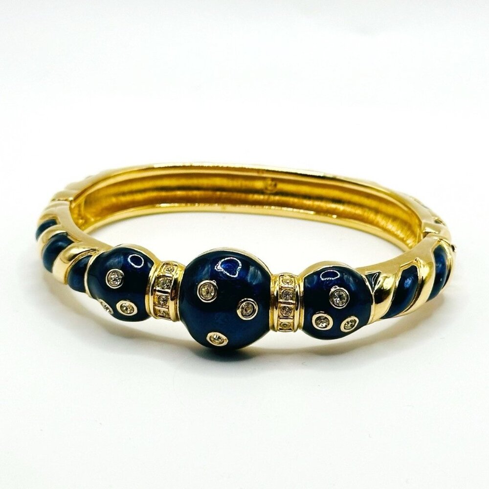 Swarovski 1990's Navy And Gold Classic Hinged‎ Bangle Bracelet With Rhinestones